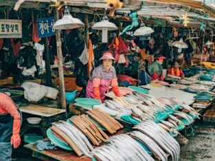 Vis op een kraam van de Jagalchi-vismarkt in Busan